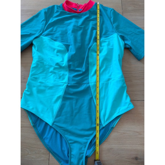 Chromat Womens Colorblock Short Sleeve One Piece Swimsuit Teal Pink 1X - Picture 7 of 8